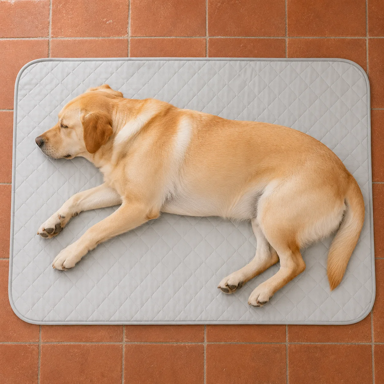 Labrador visto dall’alto sul tappetino refrigerante, il corpo occupa quasi tutta la superficie