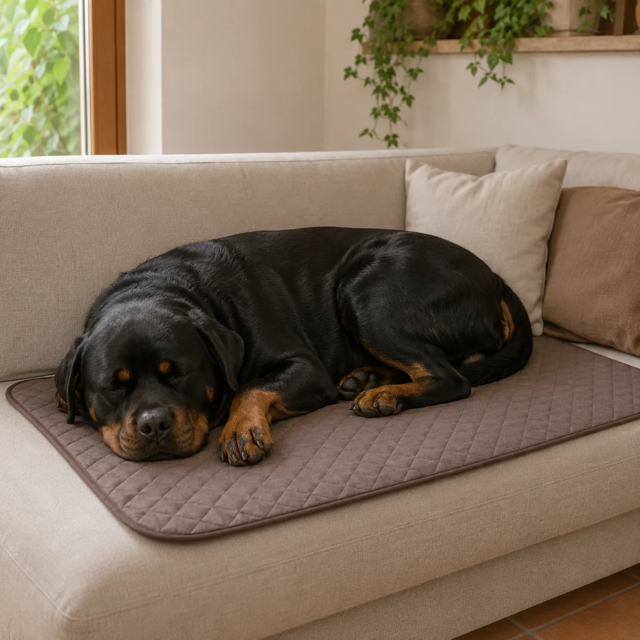 Rottweiler che dorme su un tappetino refrigerante marrone sul divano
