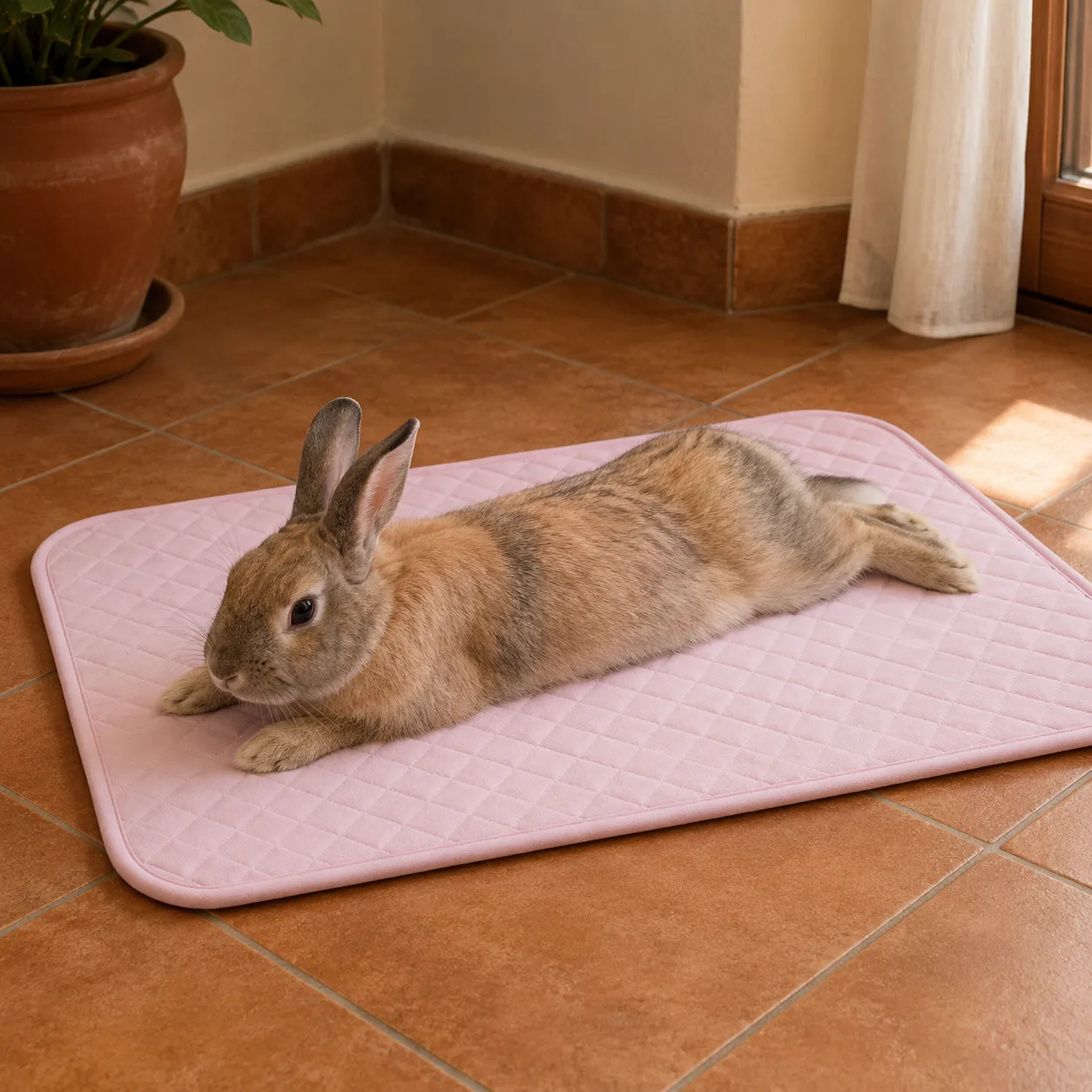 Coniglio disteso piatto su un tappetino refrigerante Frimouf Ice rosa