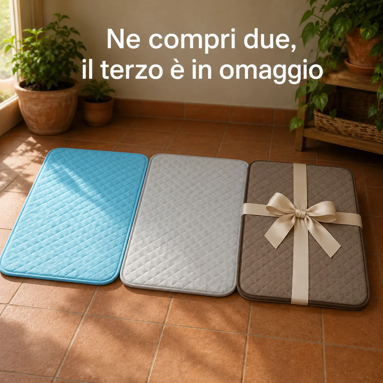 Tre tappetini refrigeranti affiancati, il terzo con un fiocco: ne compri due, ne ricevi tre