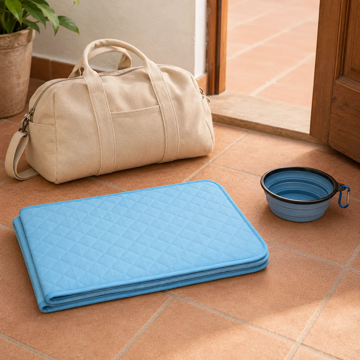 Tappetino refrigerante piegato accanto a una borsa da viaggio e a una ciotola pieghevole